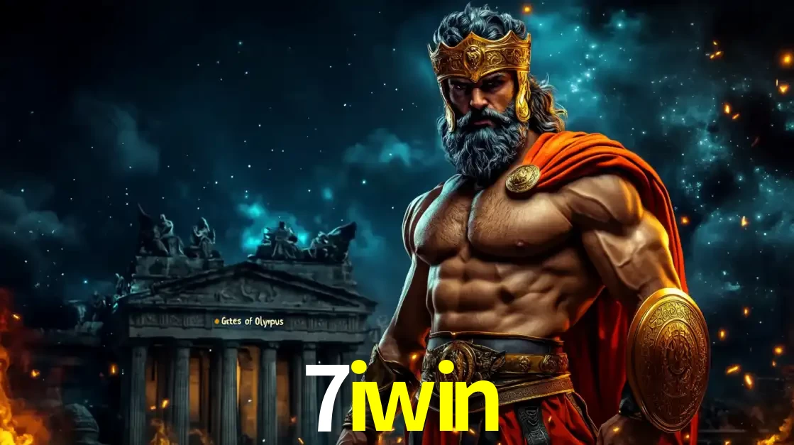 O poderoso Zeus do jogo de slot Gates of Olympus em frente ao seu templo, pronto para lançar multiplicadores divinos e prêmios épicos no cassino online 7iwin.