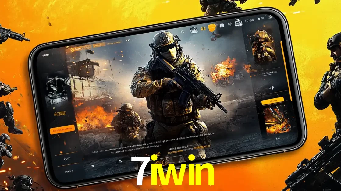 Um smartphone exibindo a interface de um jogo de tiro em primeira pessoa, com um soldado em um cenário de batalha, representando a ação dos e-sports para apostar no 7iwin.