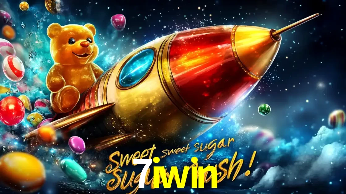 Arte promocional do jogo de slot Sugar Rush, com um urso de pelúcia em um foguete viajando pelo espaço de doces, um dos jogos divertidos disponíveis no cassino 7iwin.